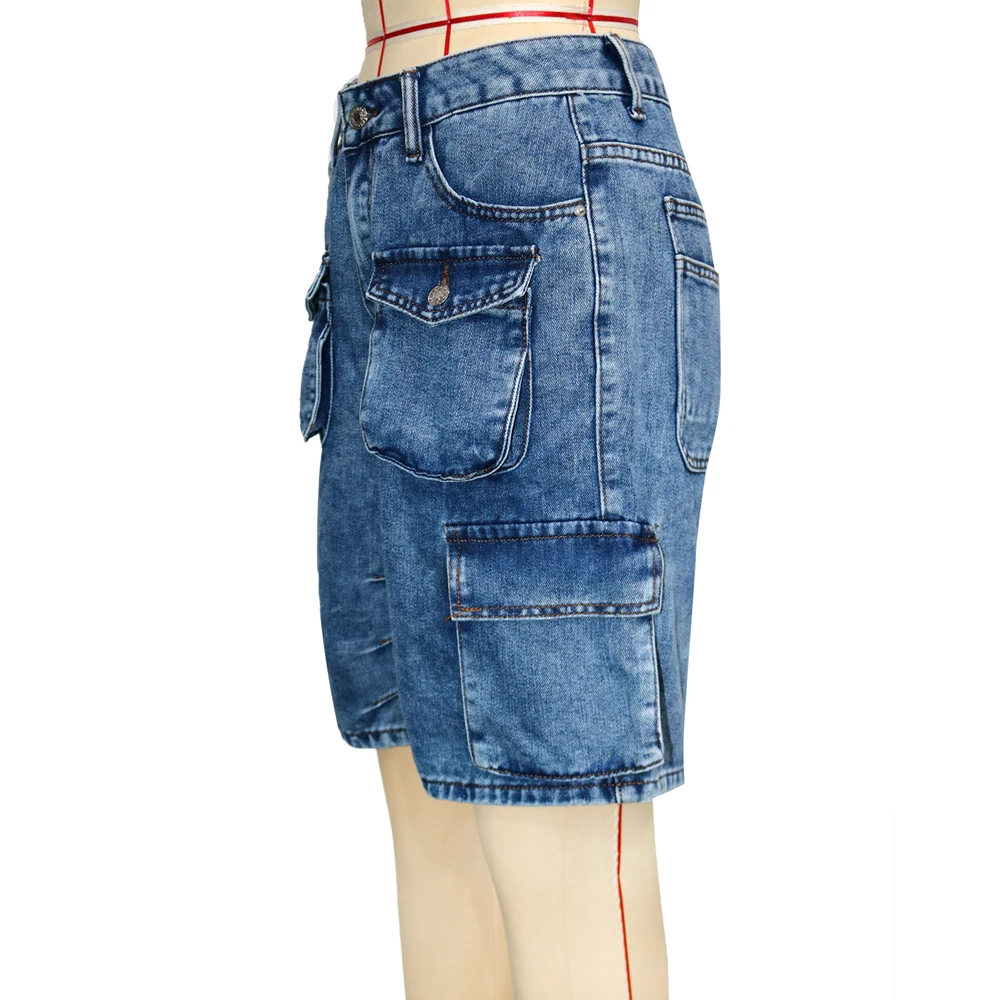 Mode Taschen Frauen Säure Waschen Cargo Denim Shorts 2025, Sommer Casual Weibliche Streetwear Böden Baggy Y2k Hohe Taille Jean Shorts – Detail 5