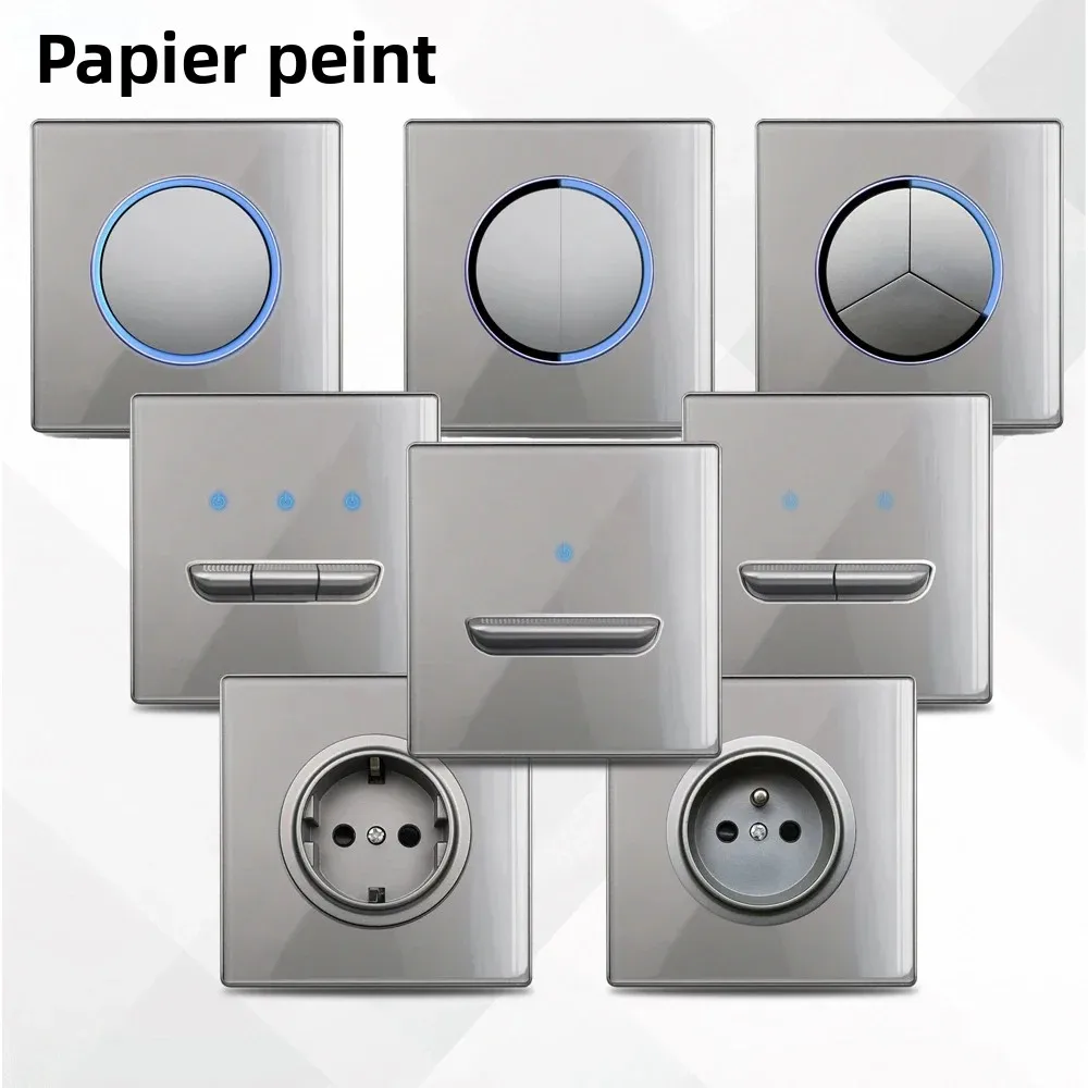 Interrupteur mural gris à panneau de verre, bouton rond avec indicateur LED bleu, bouton poussoir, prise électrique EU pour la maison et le bureau