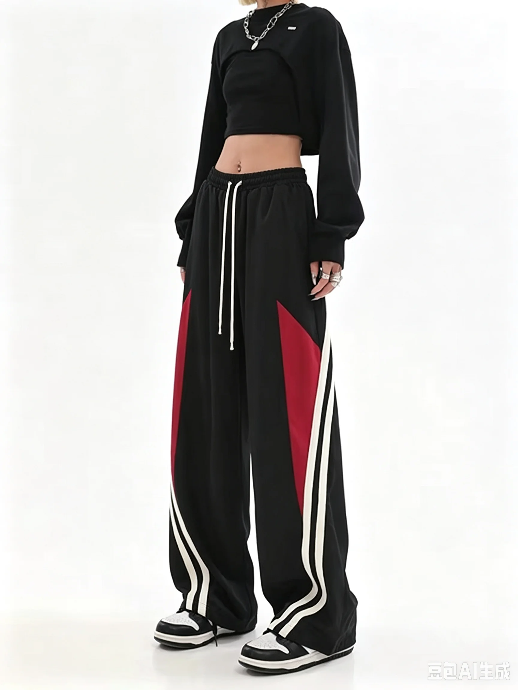 Unisex Quick Dry Hip Hop Straight Long Pants, Red White Color Block Striped Casual Streetwear Trousers Wide Leg Sport Pants