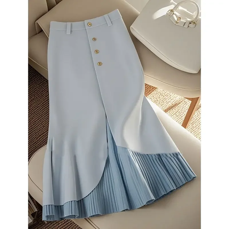 

New Fashion Patchwork Office Lady Elegant Single Breasted Midi Party Jupe 280P Women's Solid Color High Waist Pleated Skirt Fall