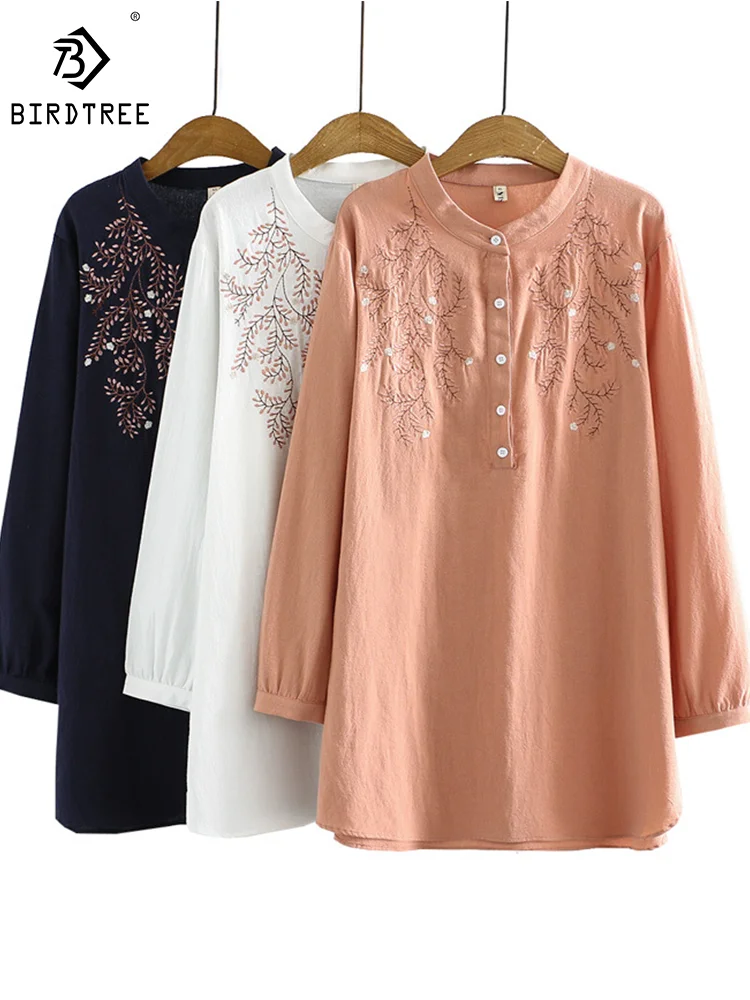 

New Arrival Spring Women Floral Embroidery Cotton Shirt Long Sleeve Casual Pullover Blouse Loose Medium Long Tops Fall T35603M