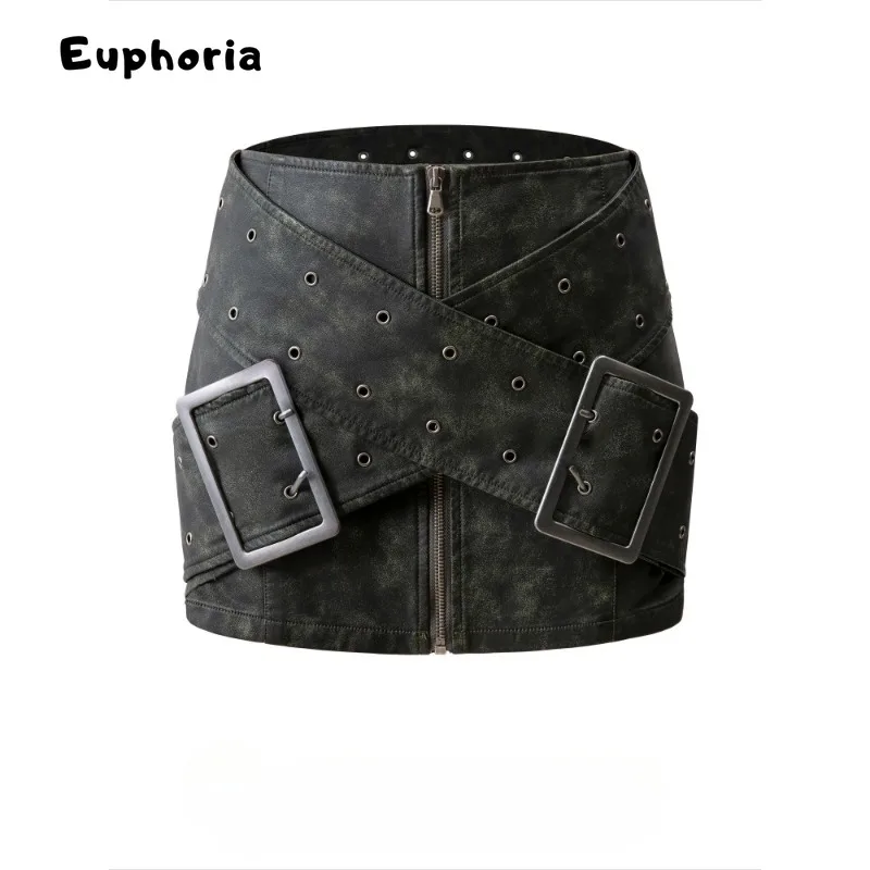 Euphoria Women Vintage Pu Faux Leather Mini Hip Wrap Skirt Gyaru Punk Design 2000s Aesthetic Y2k Nymphet Cyber Grunge 90s