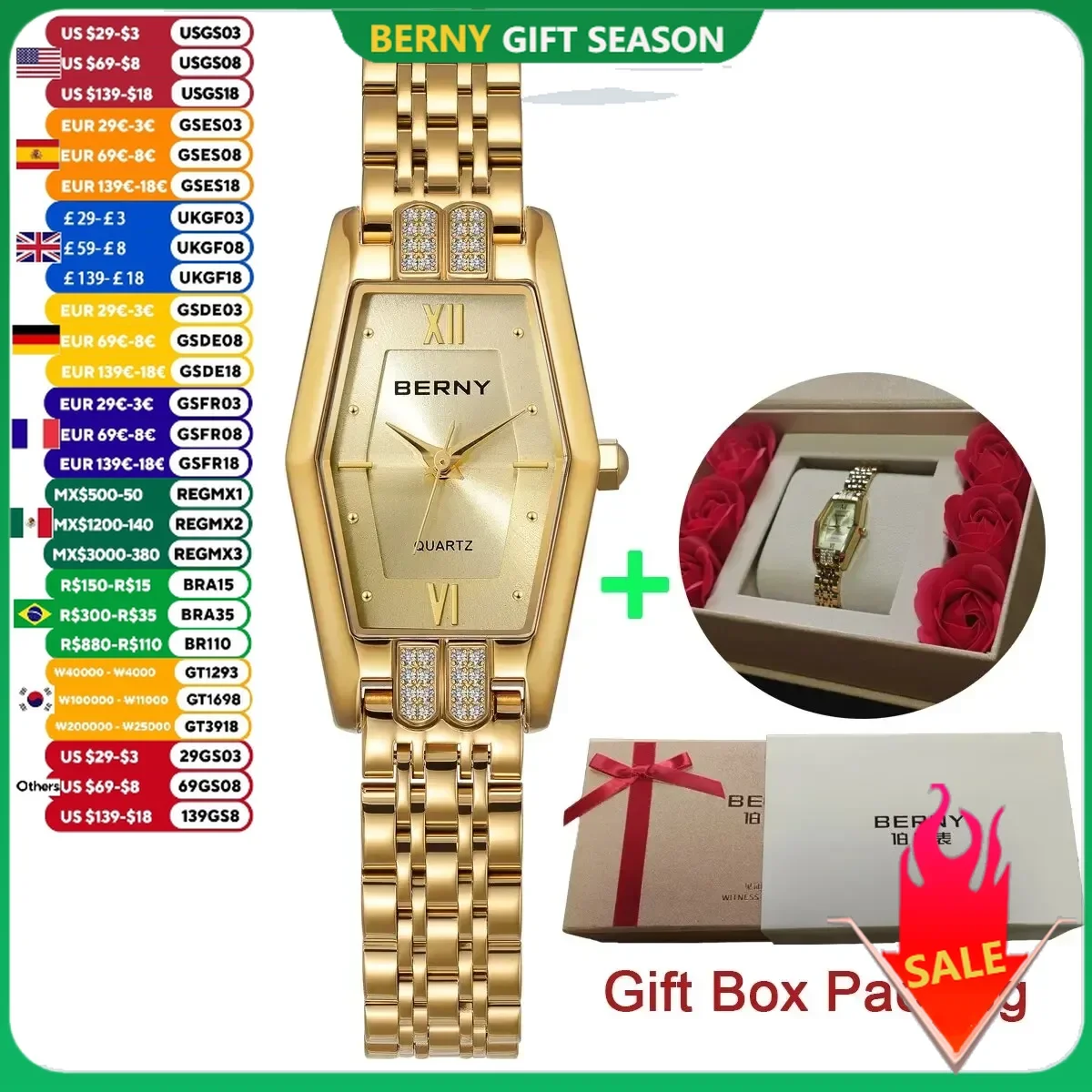 BERNY Women\'s Watches Rose Gift Sets Fashion Luxury Ladies Gold Quartz Wristwatch Full Stainless Steel Waterproof Women Watch