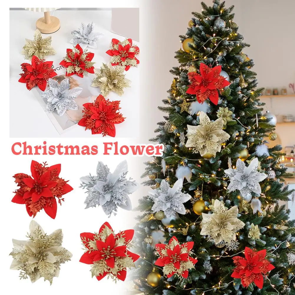 

10pcs Christmas Glitter Artificial Flowers Gold Sliver Xmas Tree Hanging Ornaments Fake Flower For Home New Year Gifts 2025 S3M0