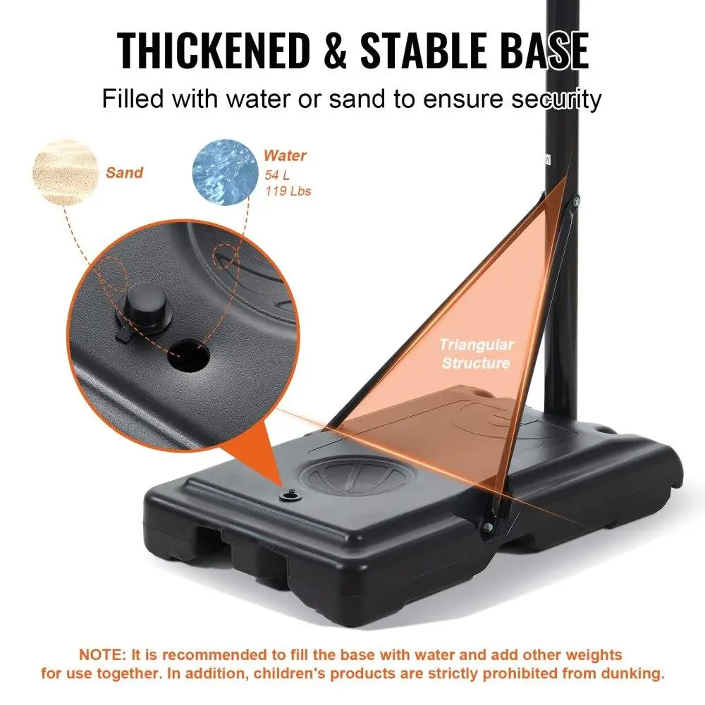 높이 조절 가능한 44인치 휴대용 바퀴 달린 접이식 스탠드, 물 채울 수 있는 베이스, 4-10피트, 어린이 및 성인용 야외 농구대