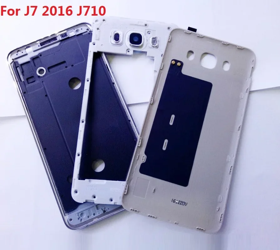 For Samsung Galaxy J7 2016 J710F J710FN Housing Front Middle Frame + Camera lens Glass Bezel + Battery Cover + Adhesive + Kits