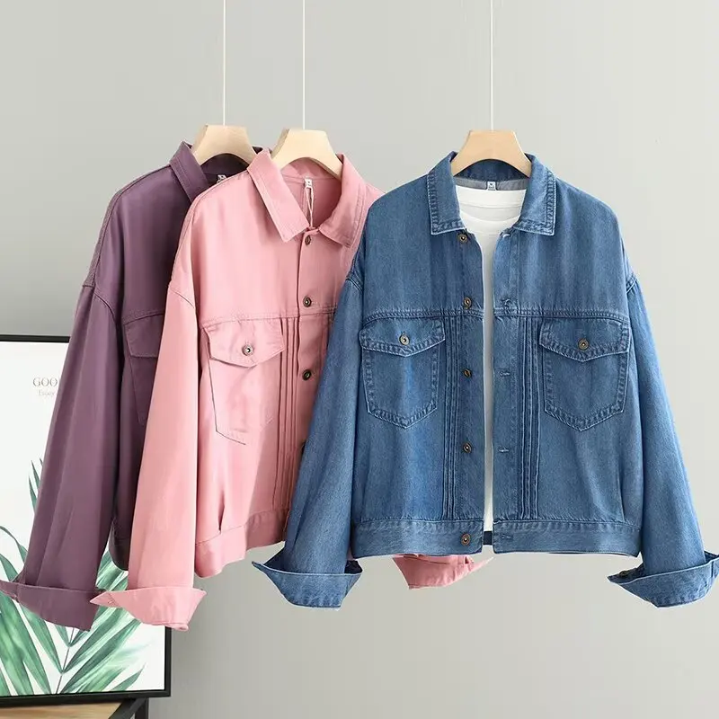 

Japanese Vintage Mori Girl Pocket Front Denim Jackets Women Autumn Turn Down Collar Long Sleeve Casual Loose Jeans Coat