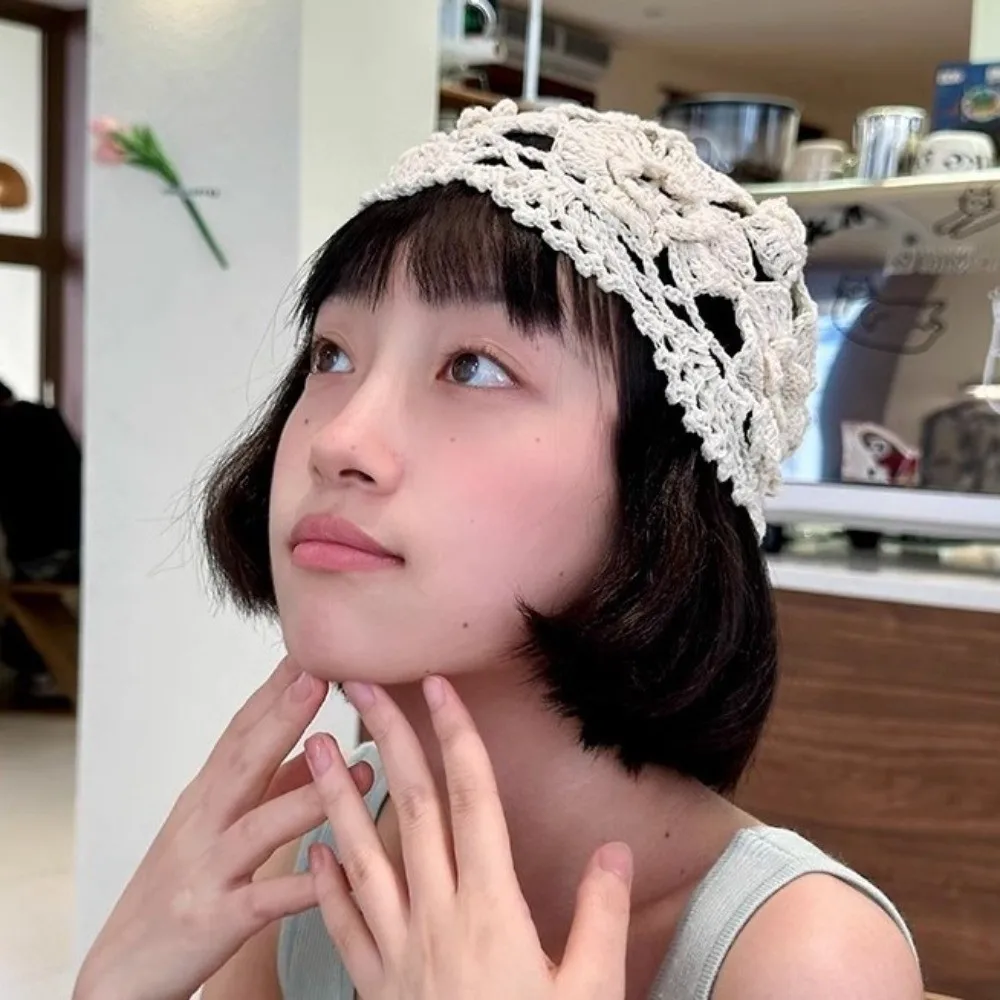 

Bohemian Style Crochet Flower Knitted Hat Thin Korean Style Hollowed Out Beanie Cap Apparel Accessories Ethnic Style Woven Cap