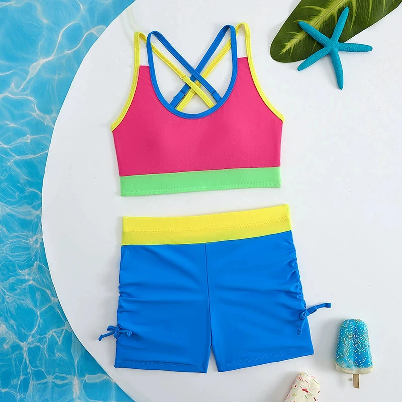 

Strappy Sporty Bikinis 2026 Girls Swimsuit Kids Swimwear Pitchwork Children's Bathers Bathing Swimming Swim Suit Beachwear