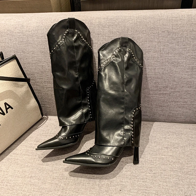 

Brand New High Quality Wasteland Style Vintage Detachable Knee High Boots Barrel Maillard Trouser Leg Boot Women Black Shoes