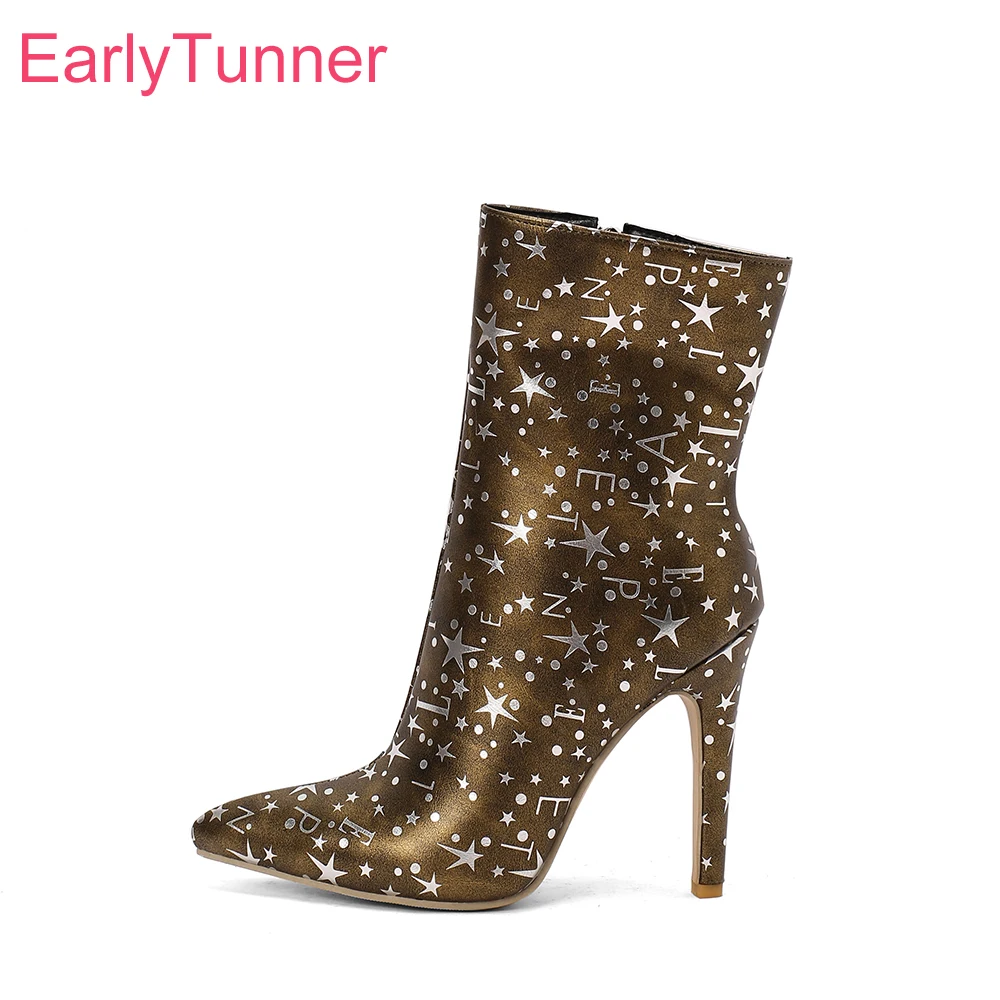 

2025 зимние новые коричневые, белые женские ботинки до середины икры для верховой езды, женские туфли на высоком каблуке с острым носком, большие размеры 10,3, 45, 48