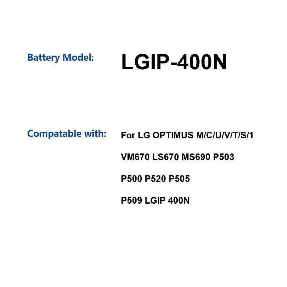 

Аккумулятор мобильного телефона Lgip-400N 1500 мАч для LG Optimus M C U V T S 1 VM670 LS670 MS690 P503 P500 P520 P505 P509