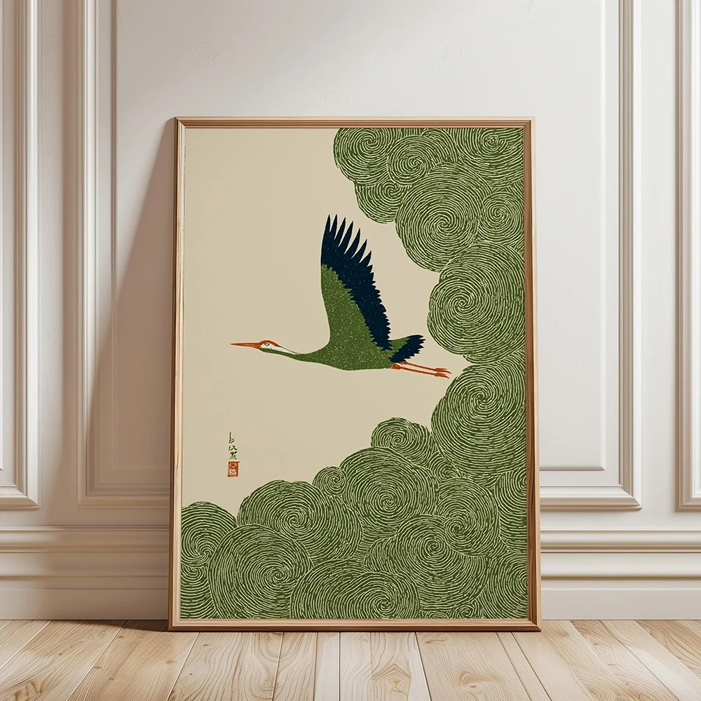 

Japanese Crane in Swirling Cloud Skies, Woodblock-Style Poster Landscape Wall Art Retro Nature Print Serene Home Decor Painting
