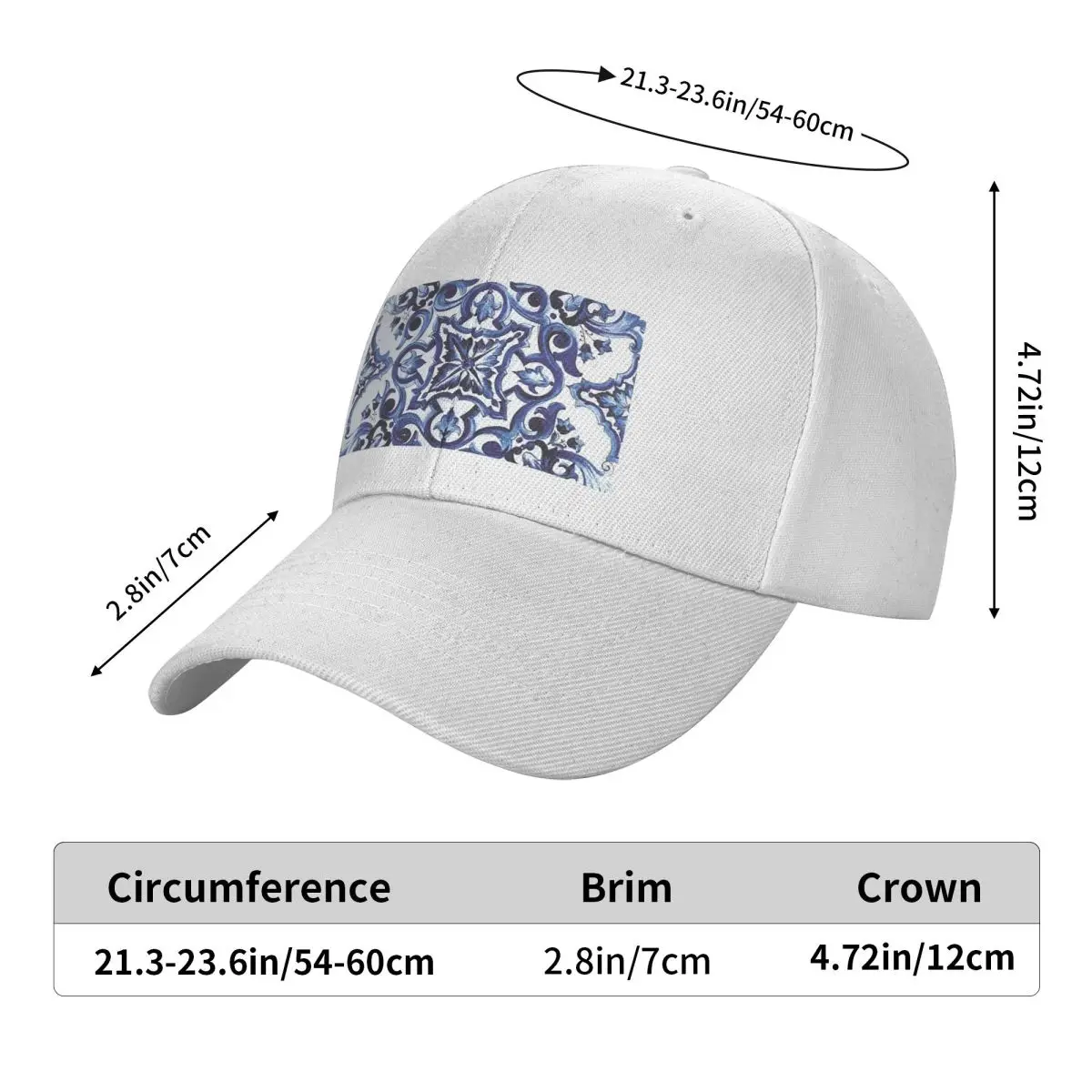 Blue Ornate Floral Mediterranean Sicilian Tile Cap Fashion Casual Baseball Caps Adjustable Hat Unisex Baseball Hats Customizable