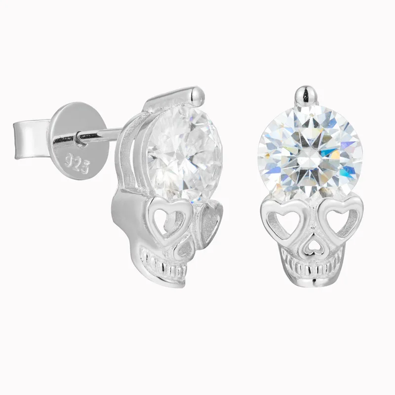 1Pair S925 Sterling Silver Hip Hop Moissanite Paved Bling Ice Out Skeleton Skull Stud Earrings for Men Rapper Jewelry