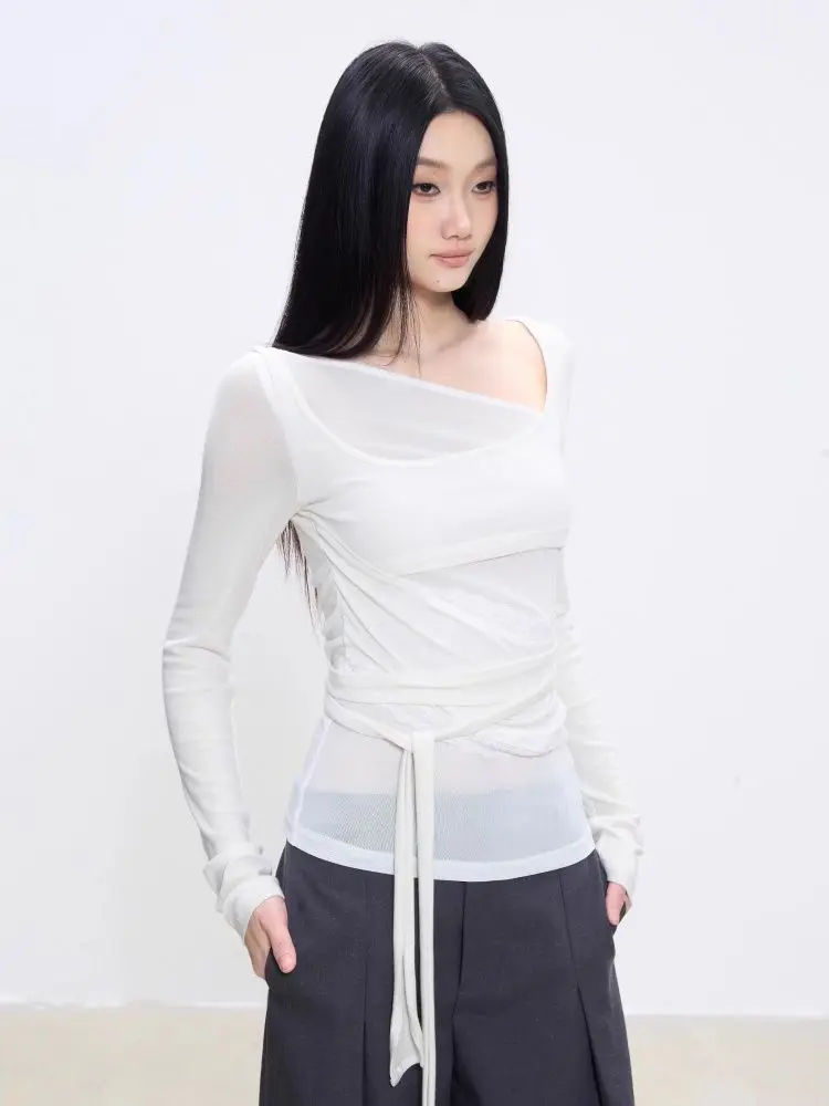 Eenvoudige Witte Onregelmatige T-shirts Met Lange Mouwen Vrouwen Koreaanse Chic Pittige Meisje Slim Fit Bandage Taille Tops Y2k Esthetische Tees