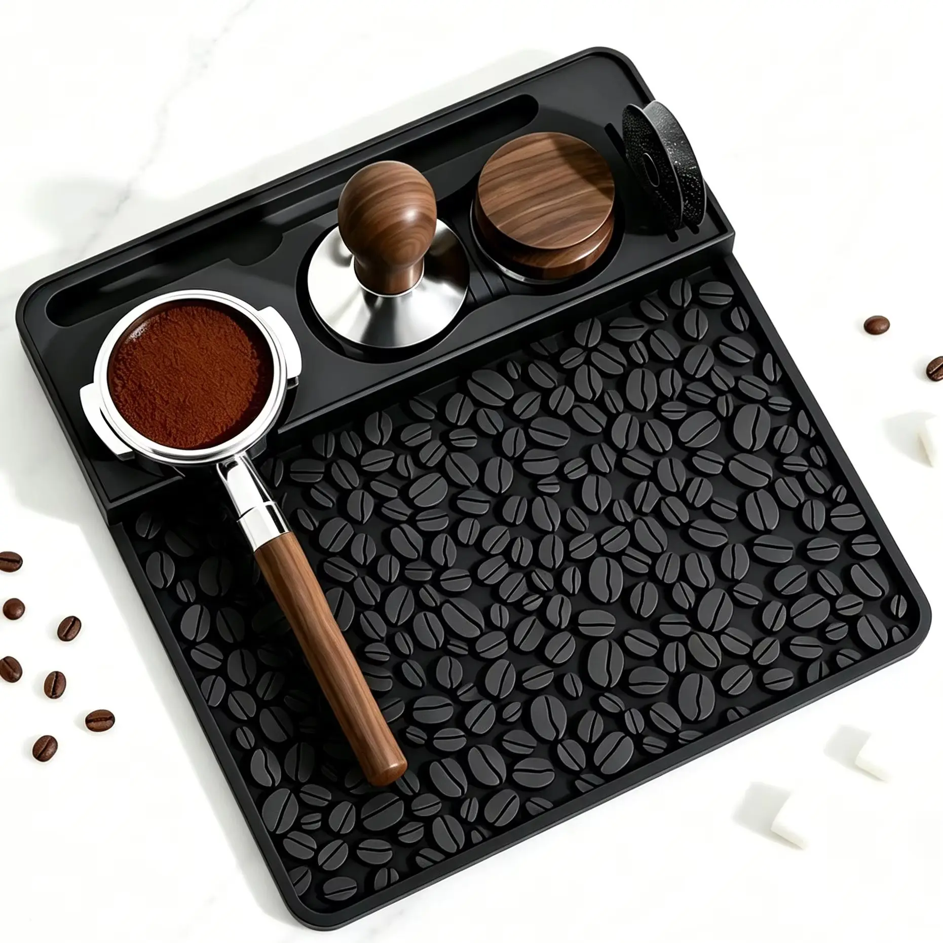Espresso-Tampermatte, Professionelle Silikon-Barista-Station mit Werkzeugfächern, Kompatibel mit Siebträgern, Hitzebeständige Matte