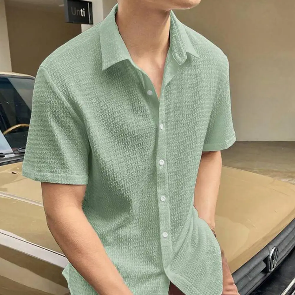 Daily Top Stylish Men's Water Wave Texture Shirt Single-breasted Loose Fit Short Sleeves for Summer Office Commute Men Loose