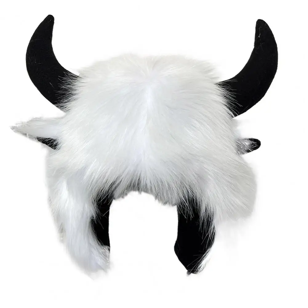 Unisex Winter Funny Hat Fake Cow Horn Decor Thick Warm Faux Fur Ear Windproof Fluffy Photo Prop Women Men Cap