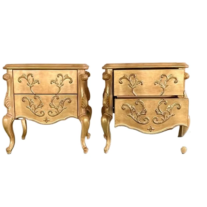 Deluxe gold wood square bedside table, storage cabinet, bedroom furniture with drawers