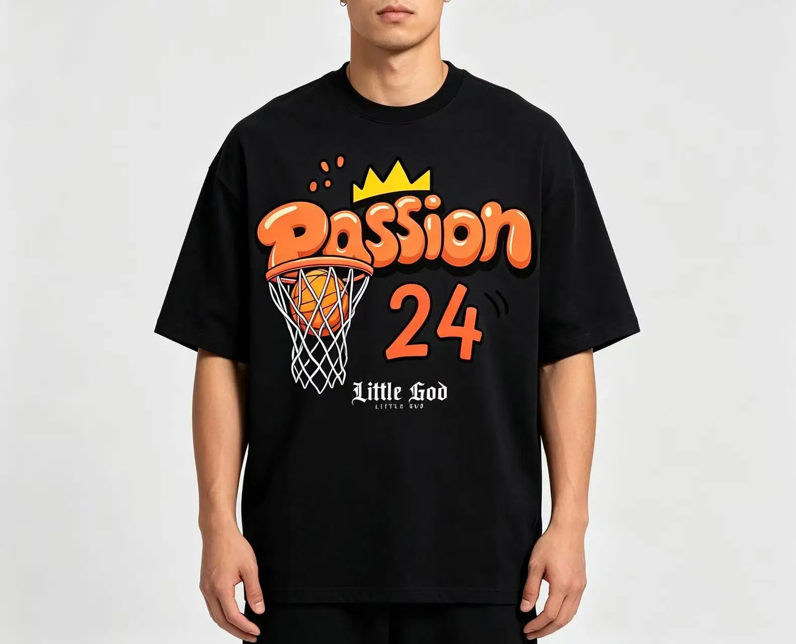 Unisex Passion 24 Basketball Hoop Crown Bubble Letter Graphic T Shirt Men Women Sport Hip Hop Print Oversized Crew Neck Streetwear Tee