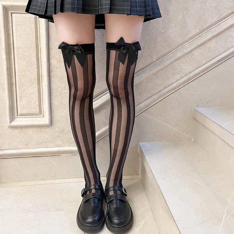 

Black Sheer Over-Knee StockingsBow Detail with Vertical Stripes, Flattering Thigh-High Design for Women - Butterfly (JK Style)