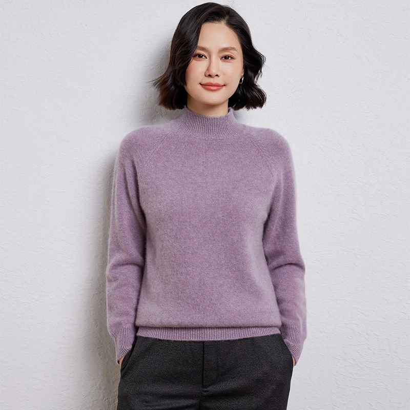 Maglione lavorato a maglia in lana merino al 100% Pullover larghi a collo semi-alto da donna Camicetta addensata a maniche lunghe alla moda Nuova camicia che tocca il fondo