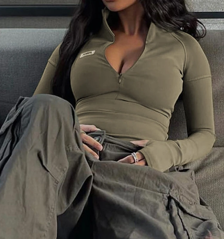 

Street Sle Zippered ort Top f High Collar Slim Fit Summer T-irt for Young Women 8-35 Years Old Long Sve Regular ...