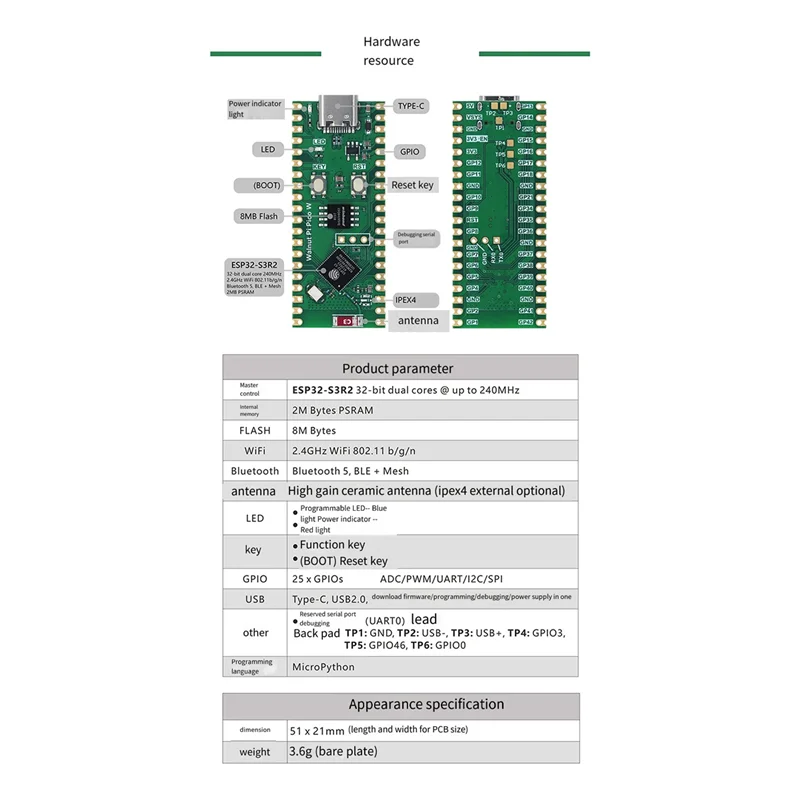 1 pieza para Walnut Pi Picow Espressif ESP32-S3 Placa de desarrollo 2,4G Wifi 802,11 B/G/N Bluetooth 5 verde para Raspberry Pi Pico