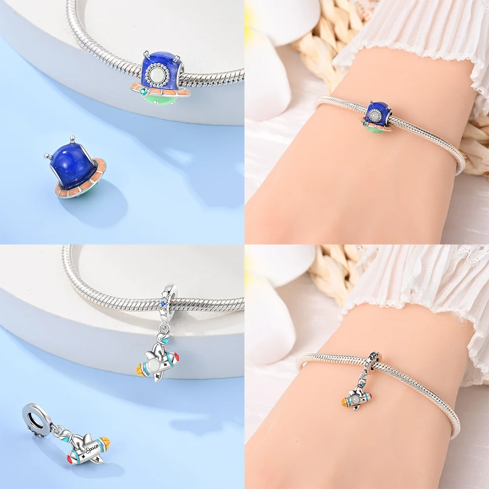 925 Silver Pink Glowing Star Spaceship Beads Rocket Astronaut Pendant Fit Original Bracelet Woman DIY Jewelry Gift Making