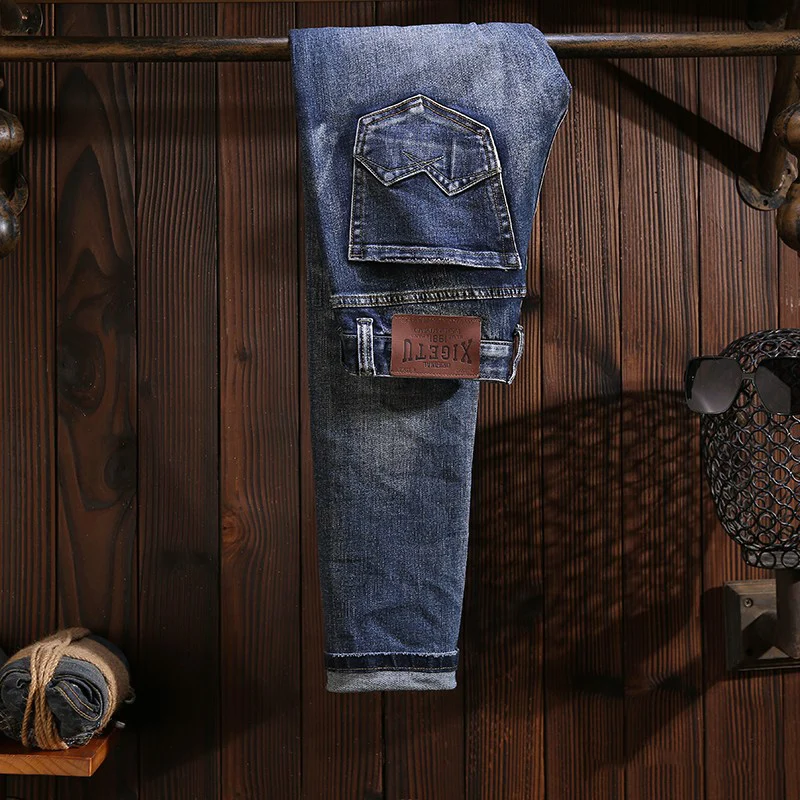 Fashion Designer Men Jeans High Quality Retro Blue Stretch Slim Fit Ripped Jeans Men Italian Style Vintage Denim Pants Hombre