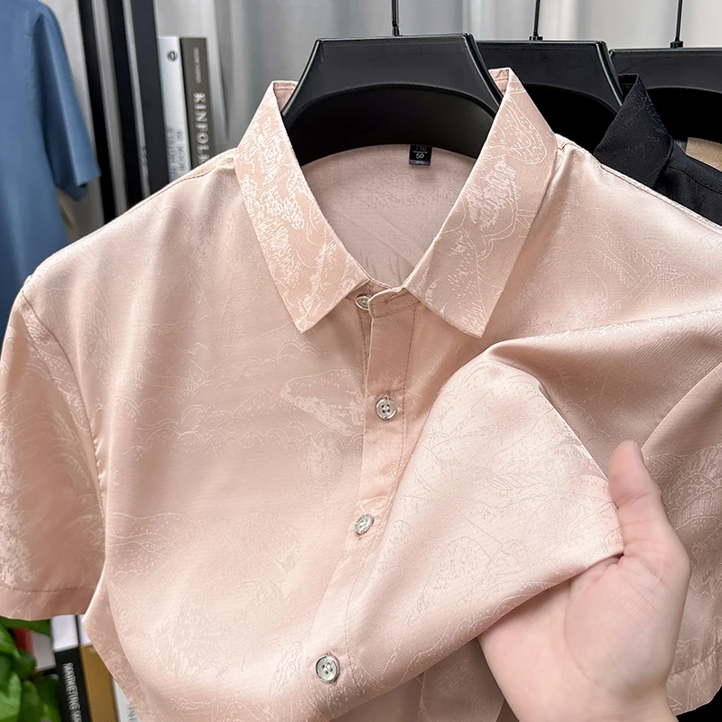 

Летняя мужская роскошная шелковая рубашка, высококачественная дышащая повседневная гладкая удобная рубашка с короткими рукавами, одежда