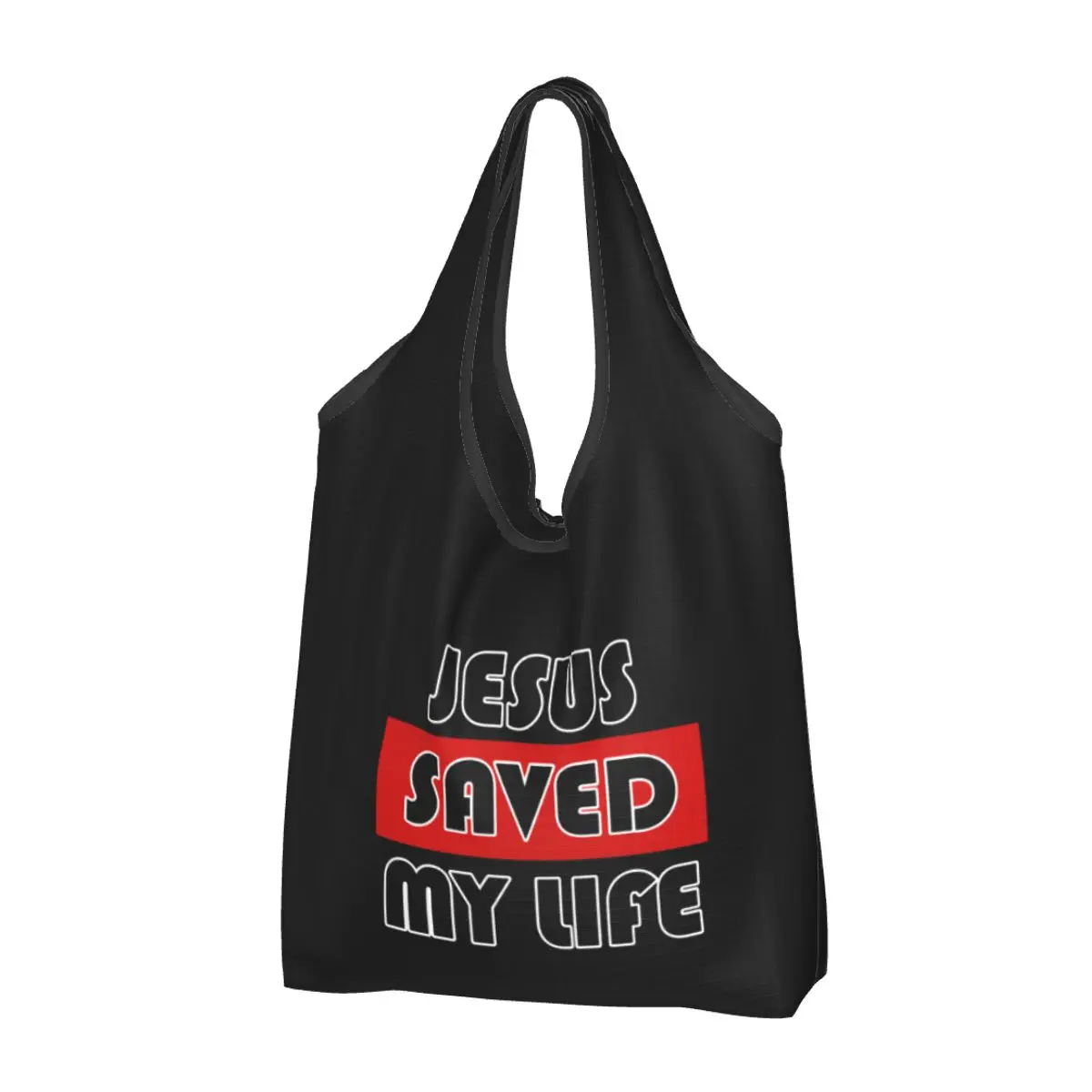 Custom Funny Printed Christian Cross Tote Shopping Bag Portable Shopper Shoulder Jesus Saved My Life Handbag