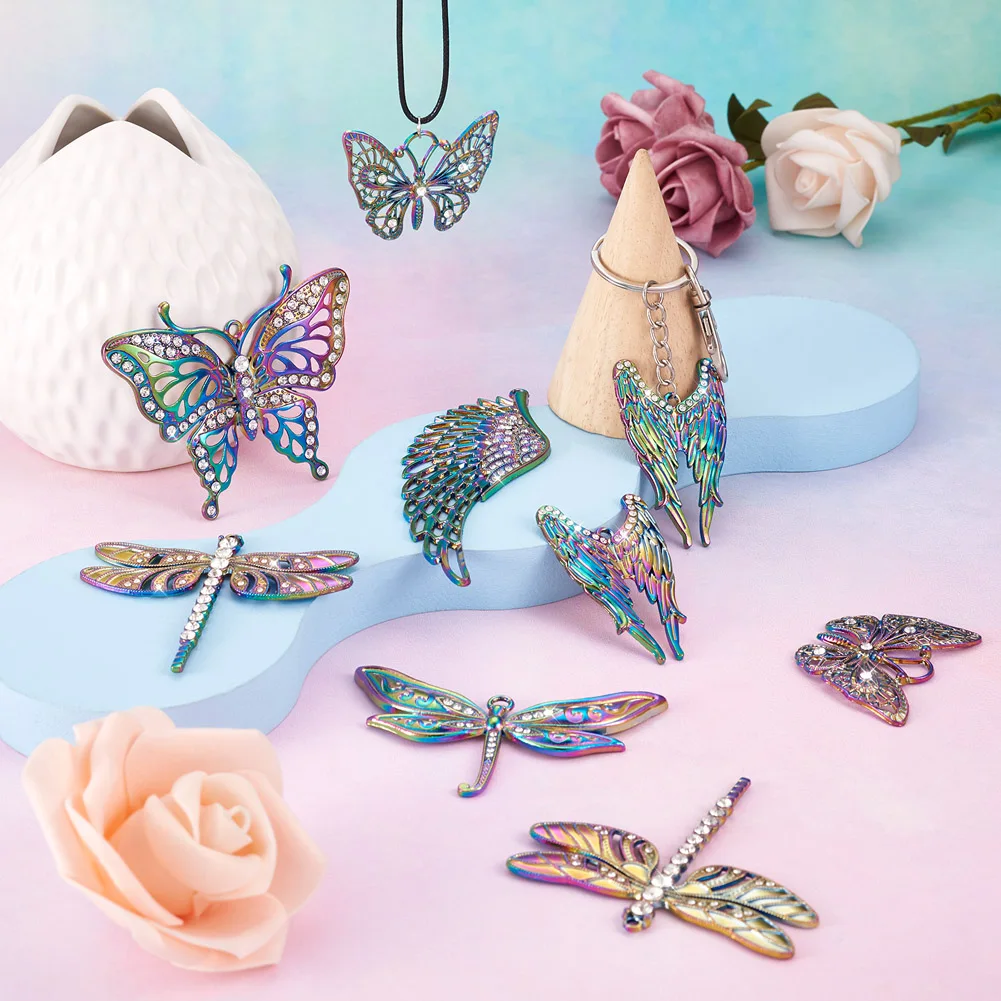Kissitty 12Pcs Dragonfly Wing Butterfly Rack Plating Rainbow Color Alloy Big Pendants with Crystal Rhinestone for Jewelry Making