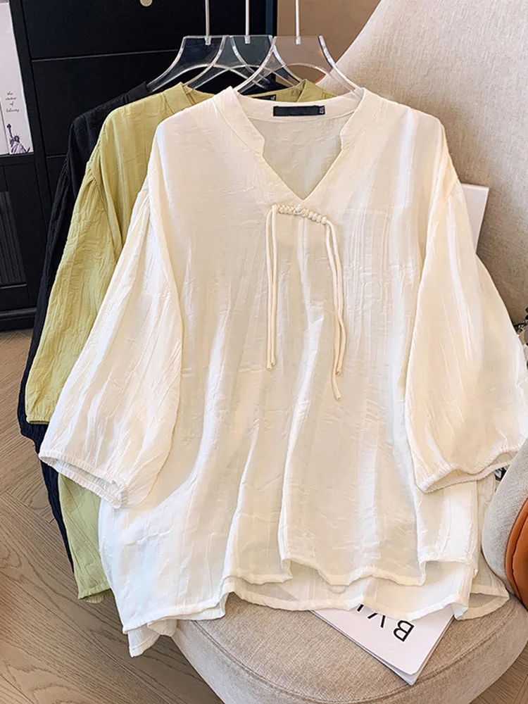 150Kg Plus Size Women\'s Bust 160 Summer Loose National Style V-Neck Medium Sleeved Button Pullover Shirt 5XL 6XL 7XL 8XL 9XL