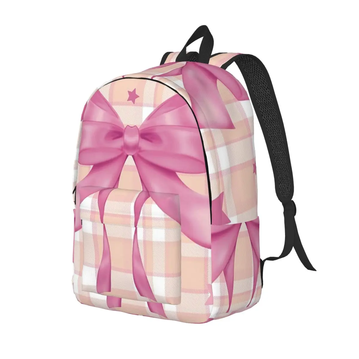 Pink Plaid, Bows And Stars Backpack Daypack Large Capacity Children BookBag School Bag Shoulder Bags for Men Women