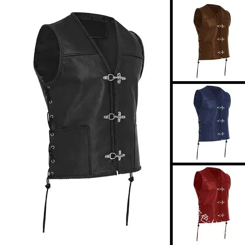 

Medieval Men Black Biker Motorcycle Hip Hop Waistcoat Knight Retro Vest Punk Male Faux Leather Solid Sleeveless Jacket PU