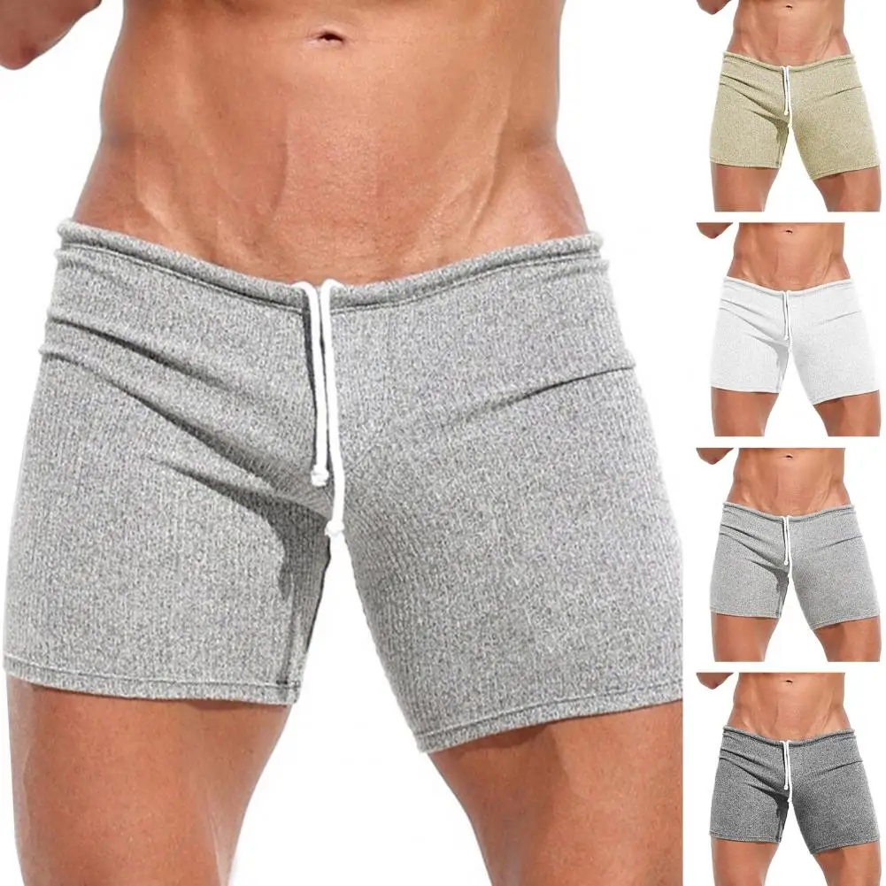 Summer Breathable Soft Comfort Ribbed Shorts Mens Sleepwear Elastic Slim Fit Mens Shorts Solid Color Drawstring Lace-up Shorts