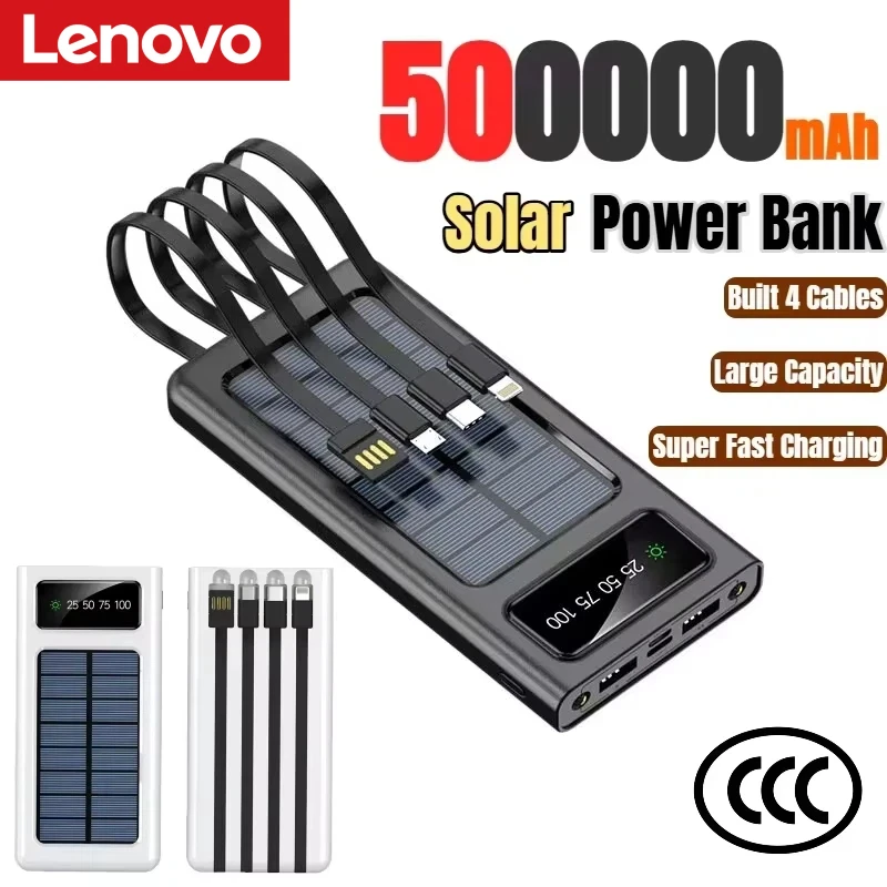 

Новый портативный внешний аккумулятор Lenovo 5000000 мАч на солнечной энергии со встроенными 4 кабелями и цифровым дисплеем для iPhone Samsung