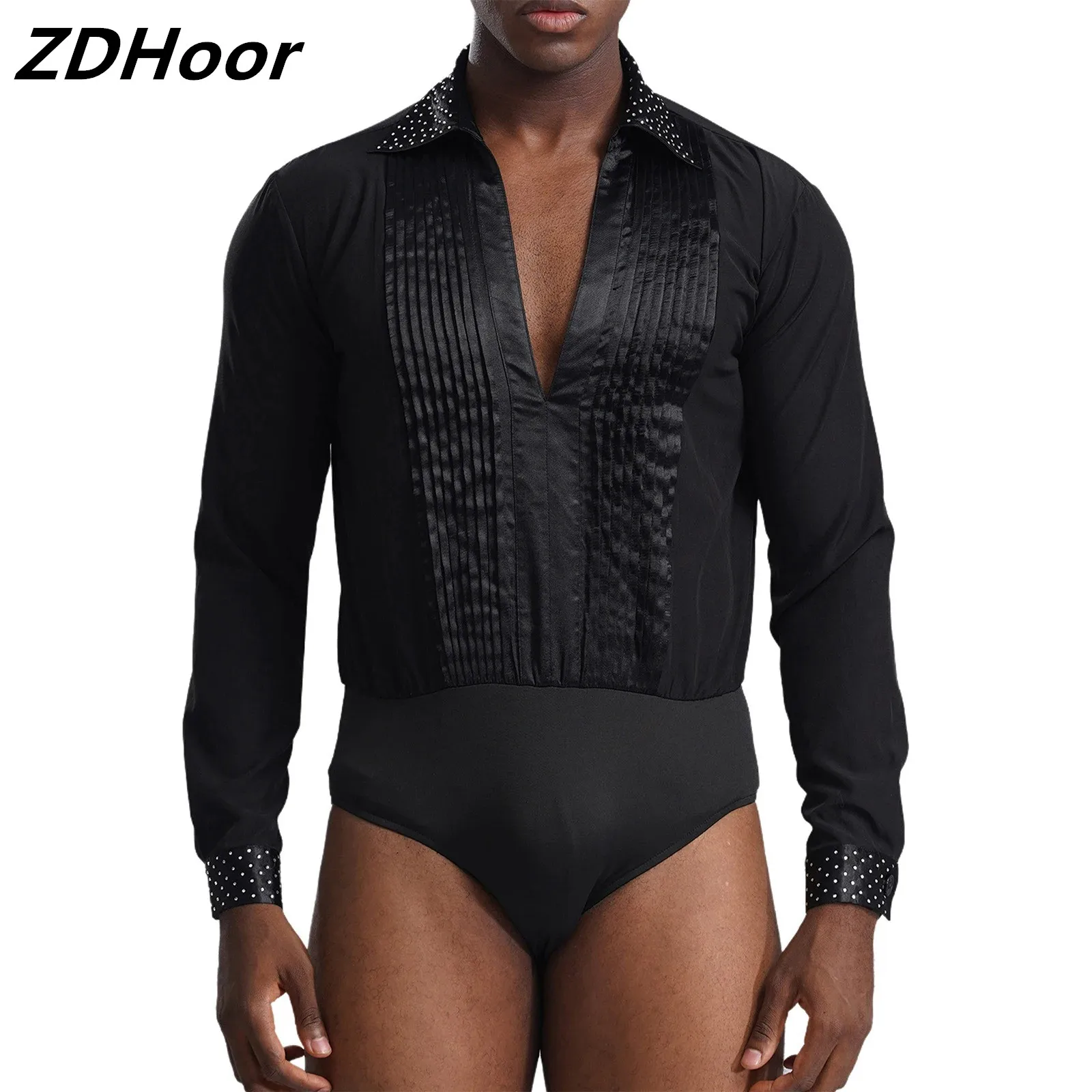 

Mens Latin Ballroom Dance Leotard Glittery Rhinestones Dance Competition Costume V-neck Long Sleeve Pleated Bodysuit Dancewear