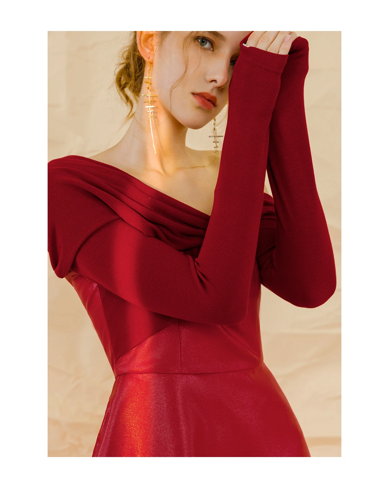 Red design sense party dress mid-length waist slim long-sleeved slant-neck off-shoulder dress women's high-end