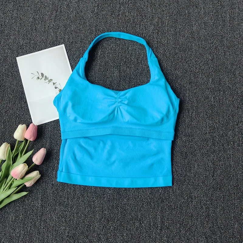 Canotta sportiva da donna senza cuciture con scollo all'americana, yoga, senza schienale, collo appeso, canotta fitness, top da corsa, reggiseno da palestra, allenamento, abbigliamento fitness