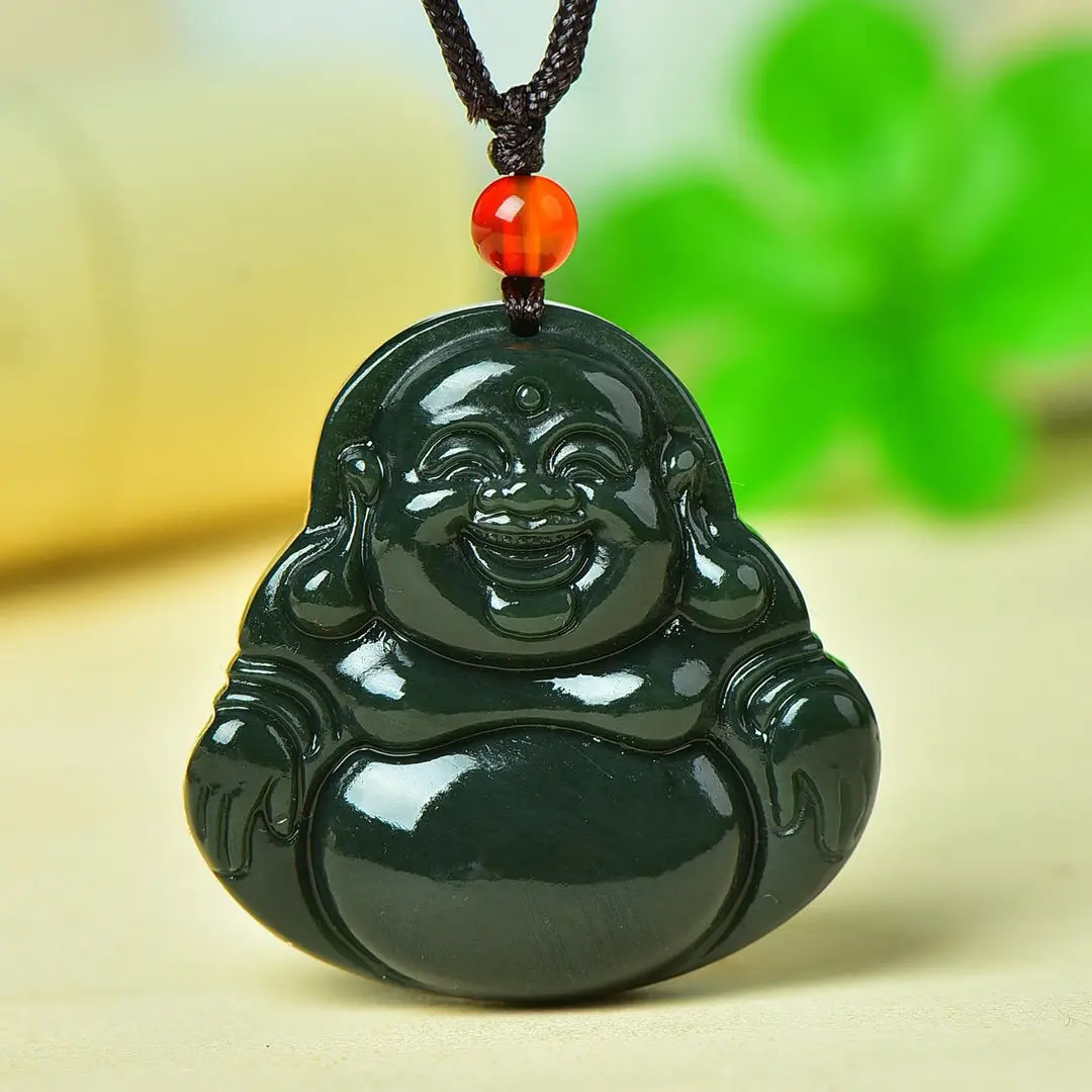 

Hetian Jade Genuine Women's Maitreya Buddha Sapphire Pendant, Laughing Buddha Necklace