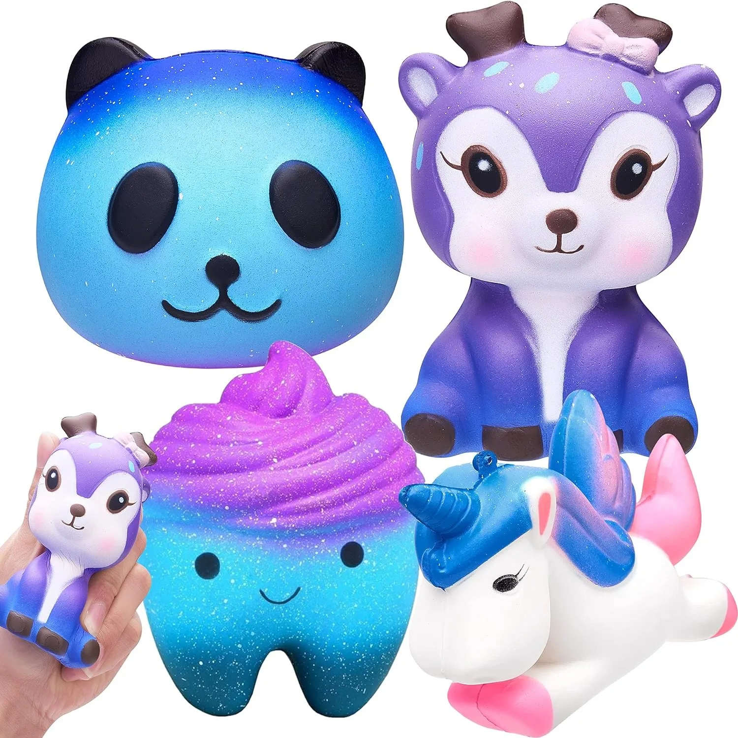 Slow Rising Squishy Toys Galaxy Starry Packs Scented Squishy Squeeze Toy Stress Reliever Gift (Tooth + Panda + Unicorn + Deer)