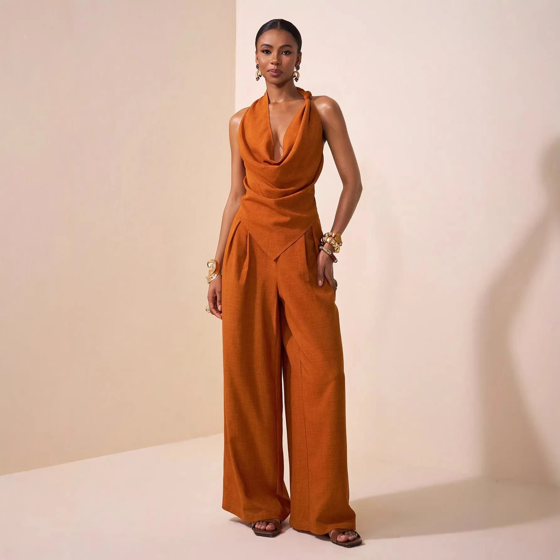 

2026 New Solid Color Low-cut V-neck Vest High-waisted Trousers Two-piece Set