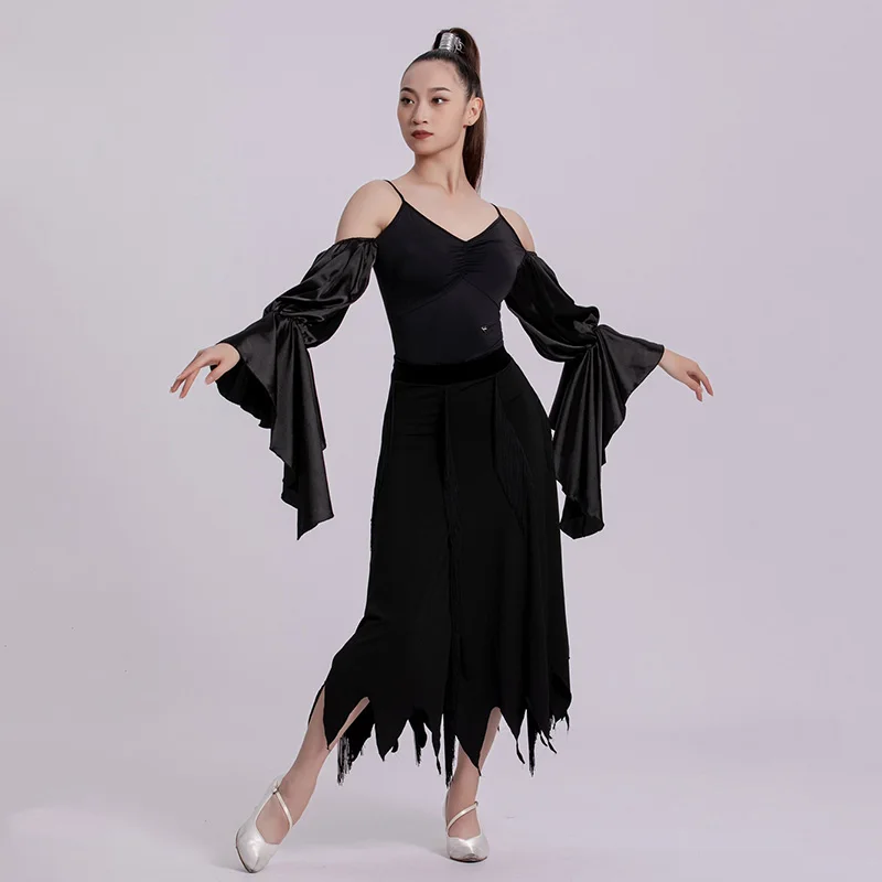 فستان رقص أسود قياسي قاعة الرقص الحديث أداء الملابس قبالة الكتف قاعة الرقص زي ارتداءها تنورة 2585