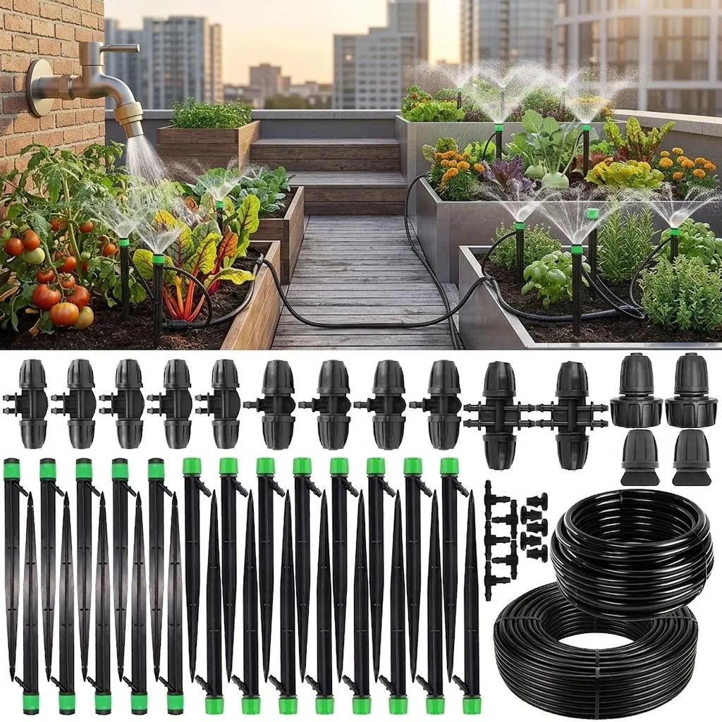 Adjustable Premium Complete Drip Irrigation System for Garden with Drip Emitters 5/16 and 1/4 Inch Irrigation Tubing Fittings