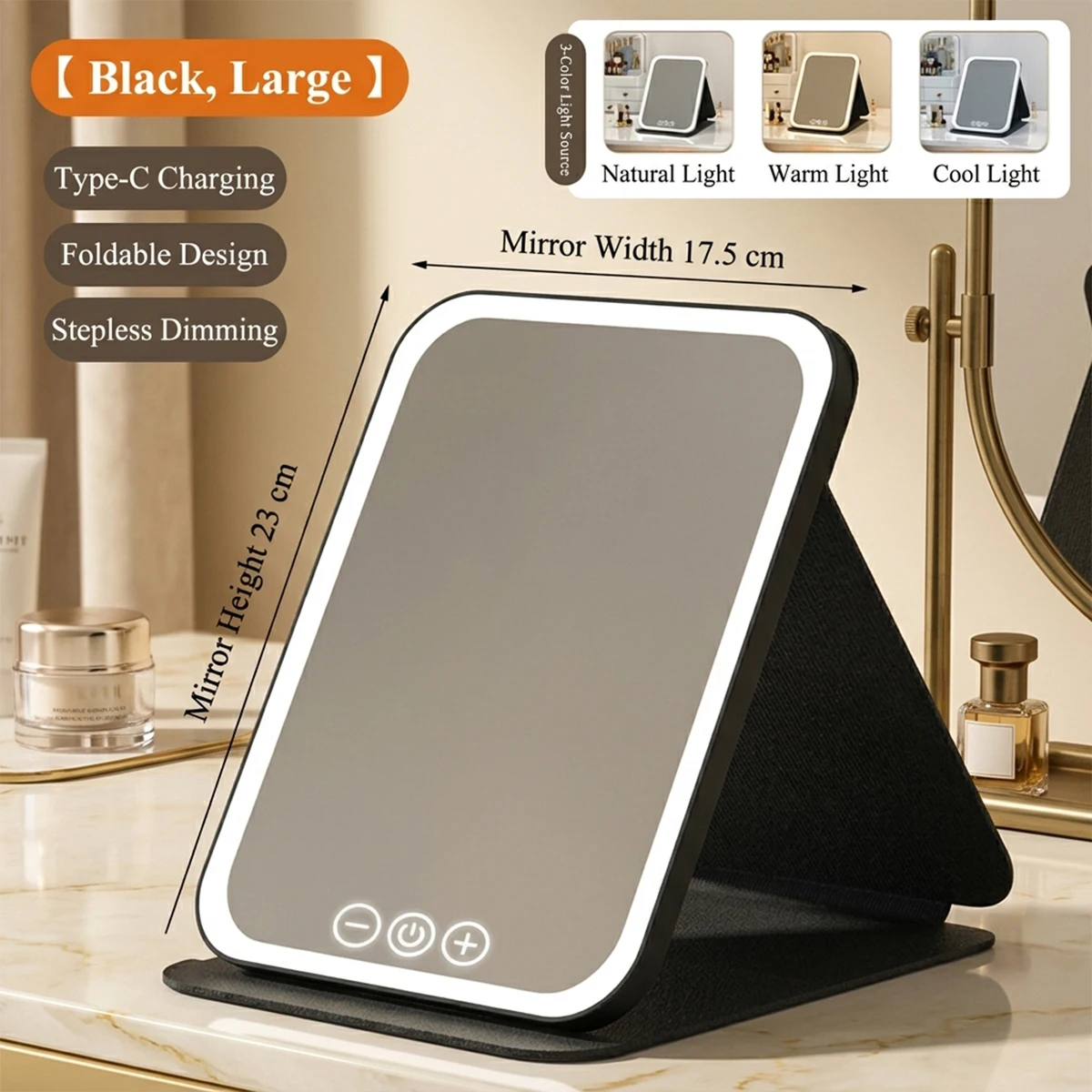 Foldable Makeup Mirror With LED Light Black Large 3‑Colors Touch Control Stepless Dimmable Travel Cosmetic Mirror Vanity Mirror