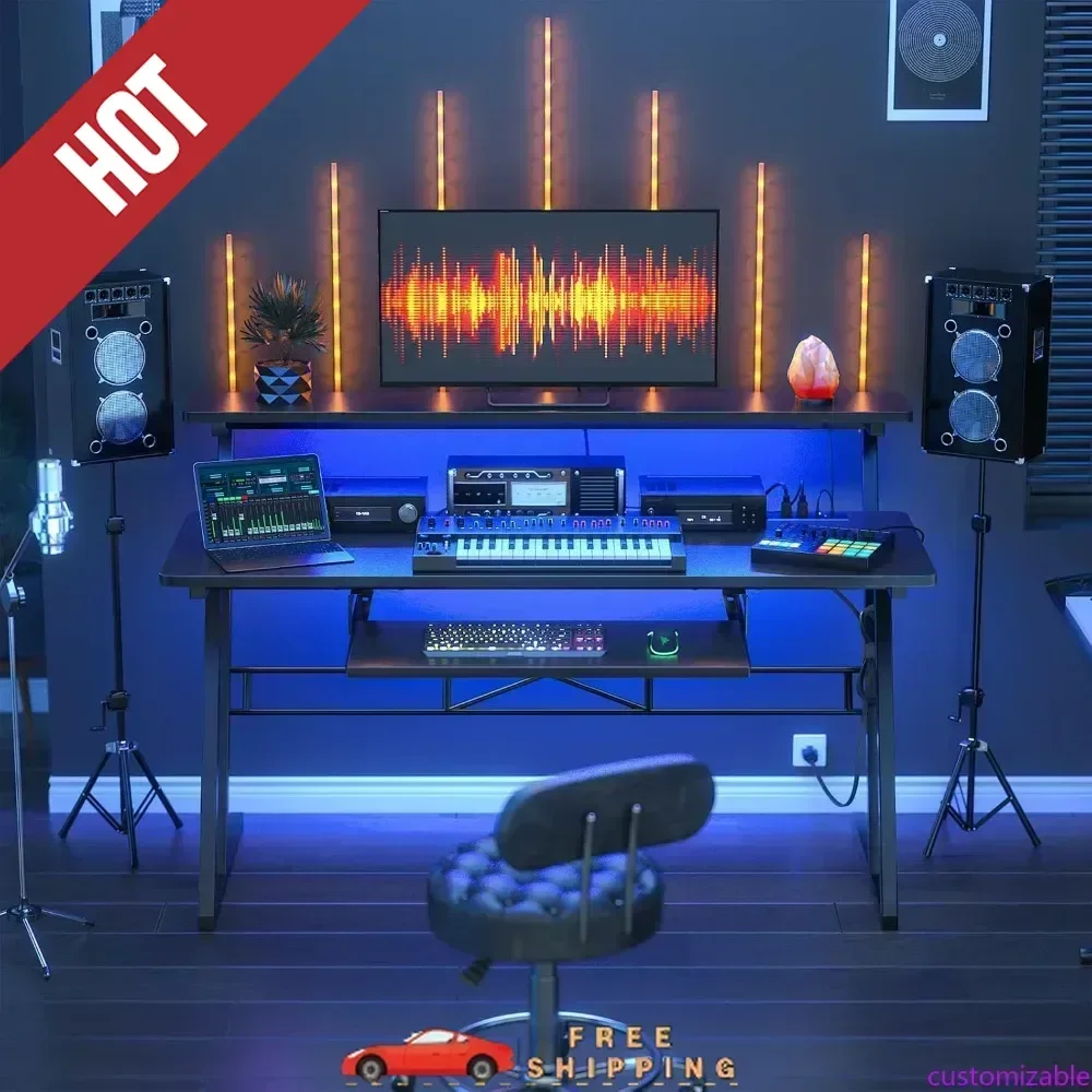 

Настраиваемый стол для музыкальной студии, рабочая станция для создания музыки с розетками и RGB LED-подсветкой, столы для звукозаписывающих студий