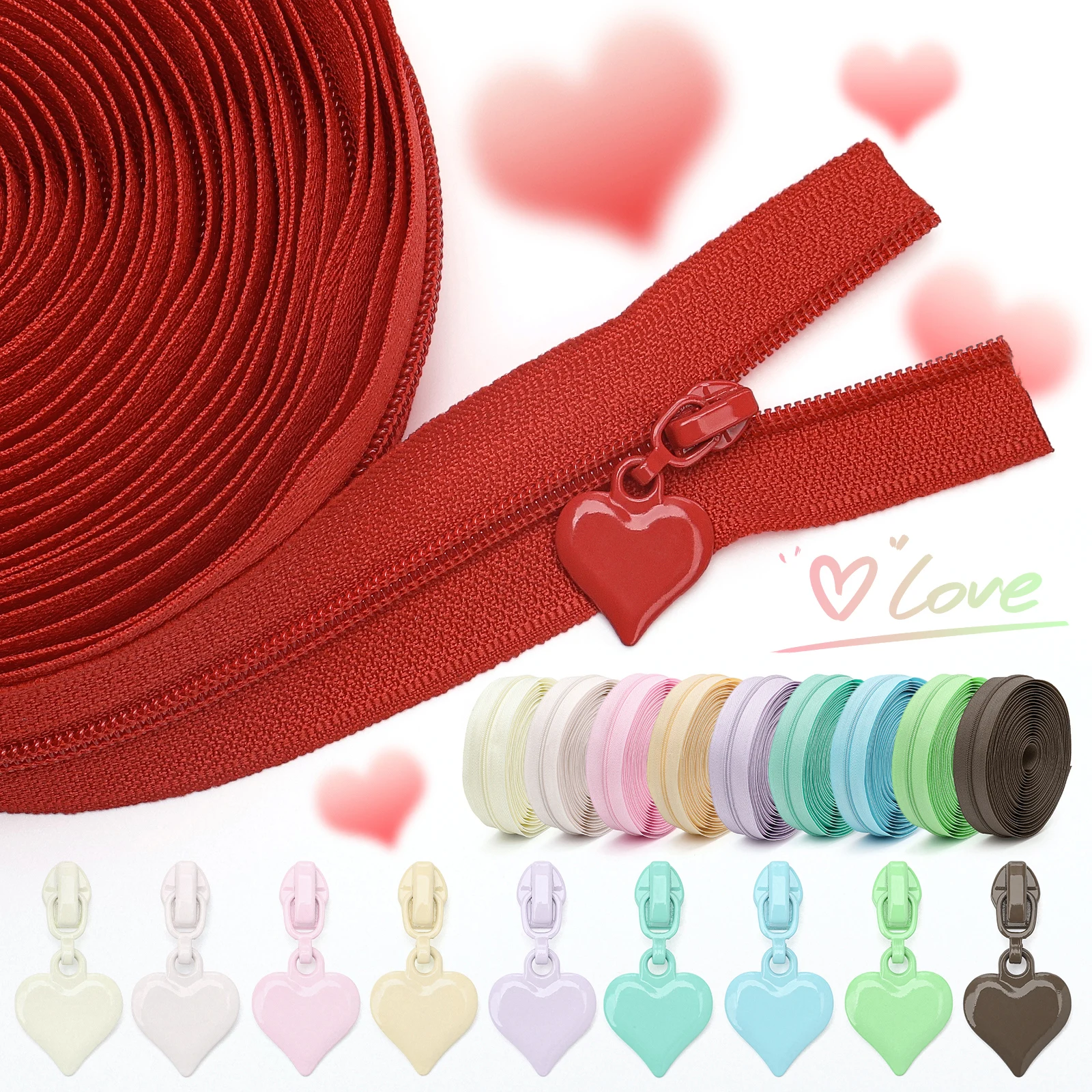 【#3 Nylon Zipper & Solid Heart Zipper Pull Set】1 set = 5 yards (177.16 inches) of #3 nylon zipper + 10 solid heart zipper pulls